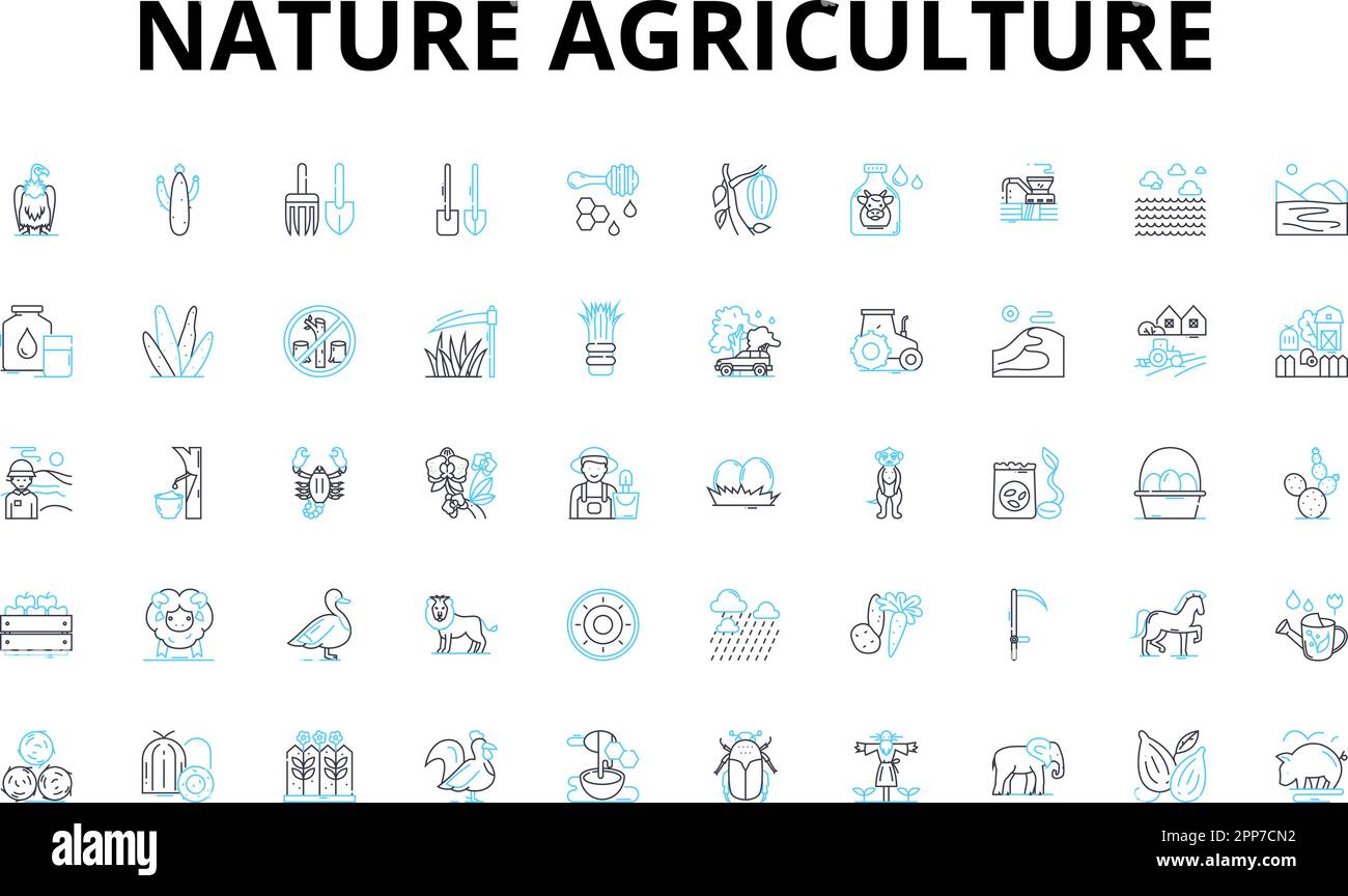 Ensemble d'icônes linéaires nature agriculture. Sol, semences, récolte, engrais, irrigation, Culture, symboles de vecteur de bétail et signes de concept de ligne Illustration de Vecteur