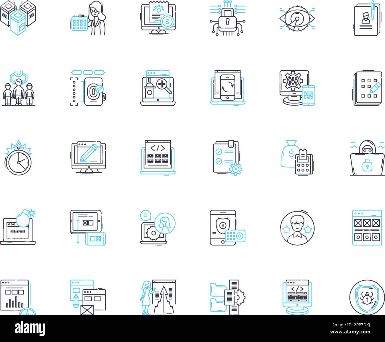 Ensemble d'icônes linéaires de disponibilité. Préparation, réactivité, accessibilité, ubiquité, rapidité, Promptitude, vecteur de ligne de fiabilité et concept Illustration de Vecteur