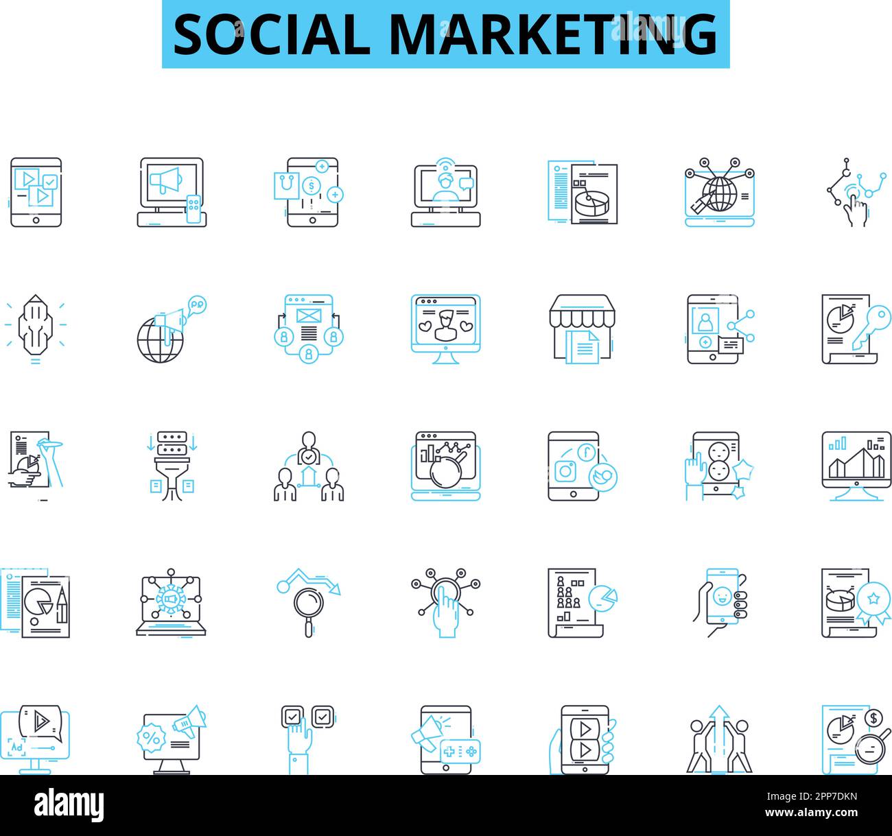 Jeu d'icônes linéaires de marketing social. Sensibilisation, engagement, influence, persuasion, virale, Partageable, vecteur de ligne de marquage et signes de concept. Plaidoyer Illustration de Vecteur