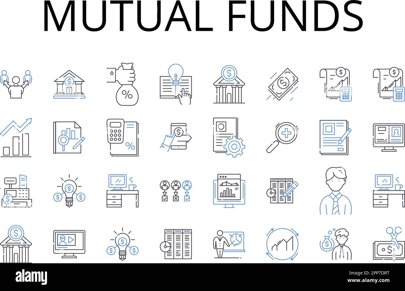 collection d'icônes de ligne de fonds communs de placement. Fonds de capitaux propres, fonds obligataires, fonds de croissance, fonds de revenu, fonds indiciels, Classes d'actifs, vecteur de pools d'investissement et Illustration de Vecteur