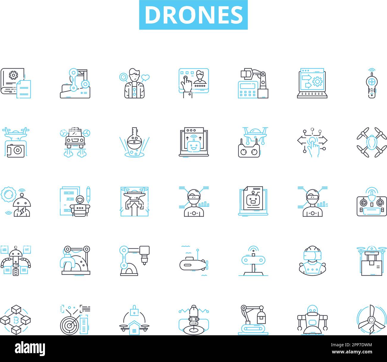 Jeux d'icônes linéaires de drones. Vol, Quadcopters, télécommandé, sans pilote, vol stationnaire, Antennes, vecteur de ligne de surveillance et signes conceptuels. Photographie Illustration de Vecteur