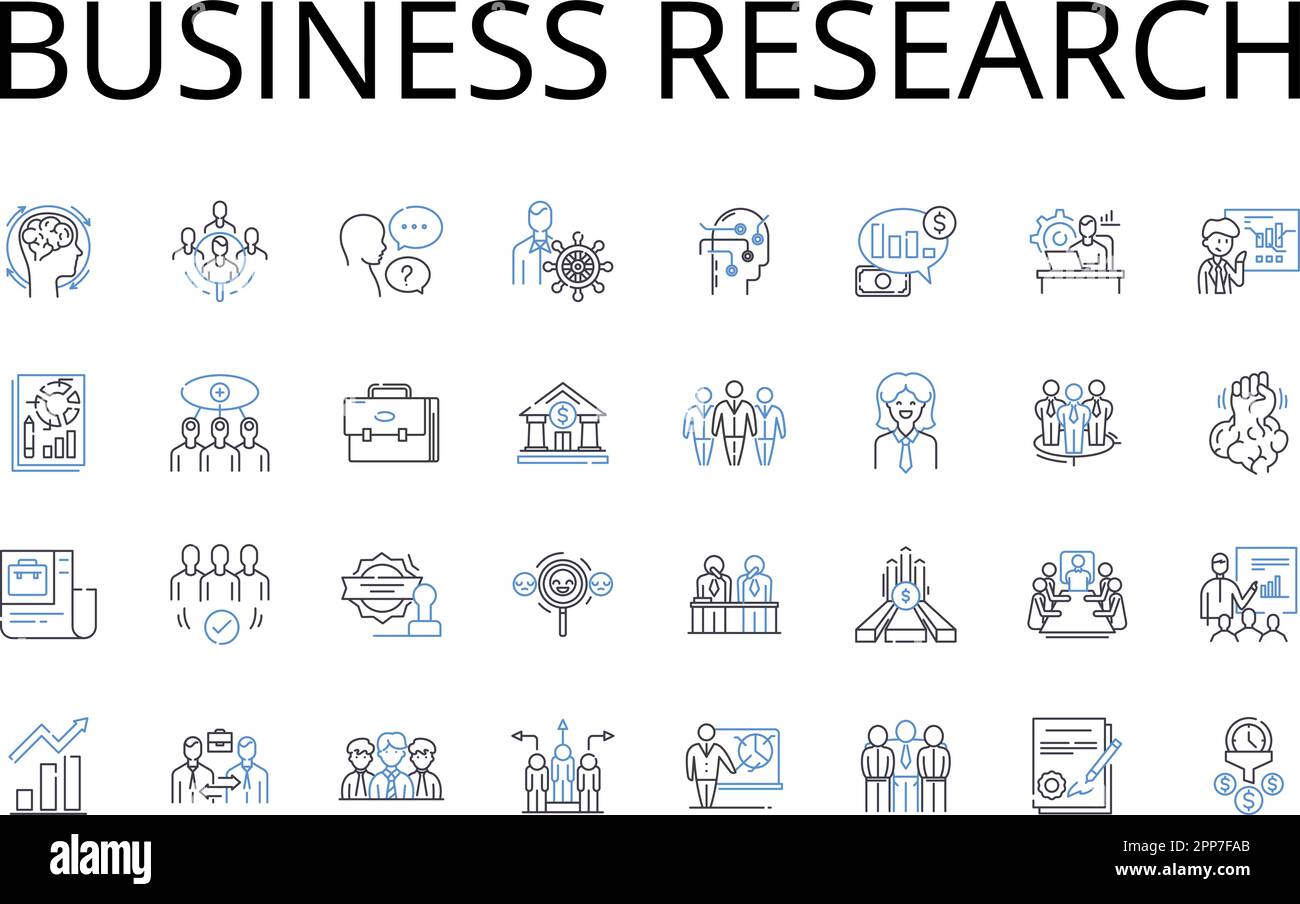Collection d'icônes de ligne de recherche d'entreprise. Analyse de marché, étude économique, recherche financière, analyse de l'environnement, recherche sur les consommateurs, Industrie Illustration de Vecteur