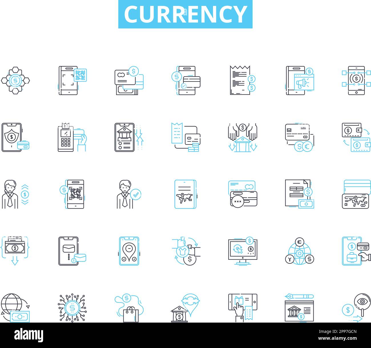 Icônes linéaires de devise définies. My, Exchange, Cash, dollars, euros, Yen, vecteur de ligne de peso et signes de concept. FRS,Yuan,Dirham illustrations Illustration de Vecteur