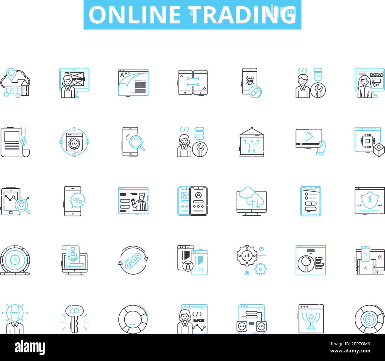 Jeu d'icônes linéaires de trading en ligne. Actions, Forex, crypto-monnaie, Options, futures, Courtage, vecteur de ligne de négociation et signes de concept. Dérivés Illustration de Vecteur