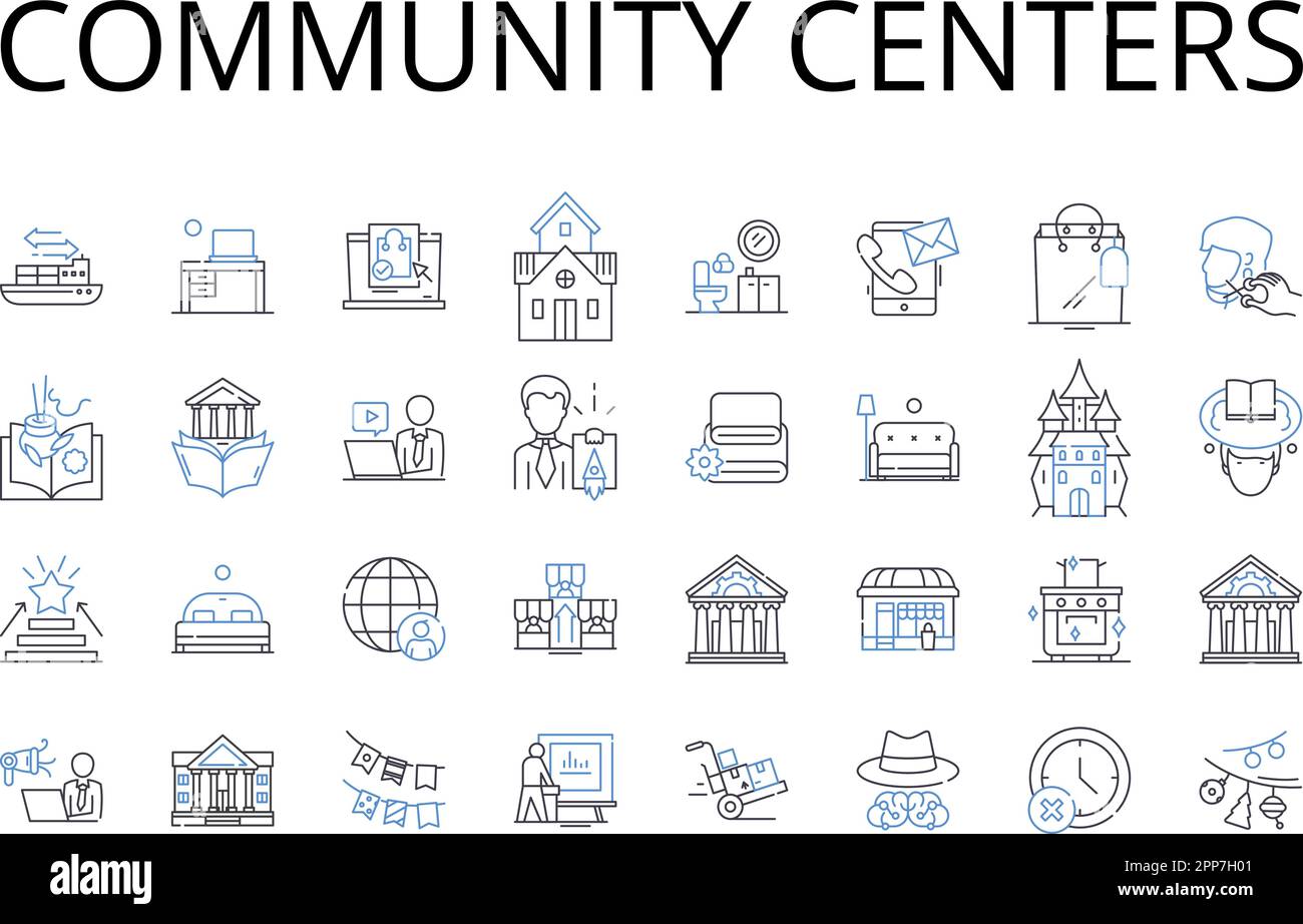 Collection d'icônes de lignes de centres communautaires. Établissements d'enseignement, centres culturels, espaces sociaux, centres de loisirs, organisations civiques, Pôles d'activité Illustration de Vecteur