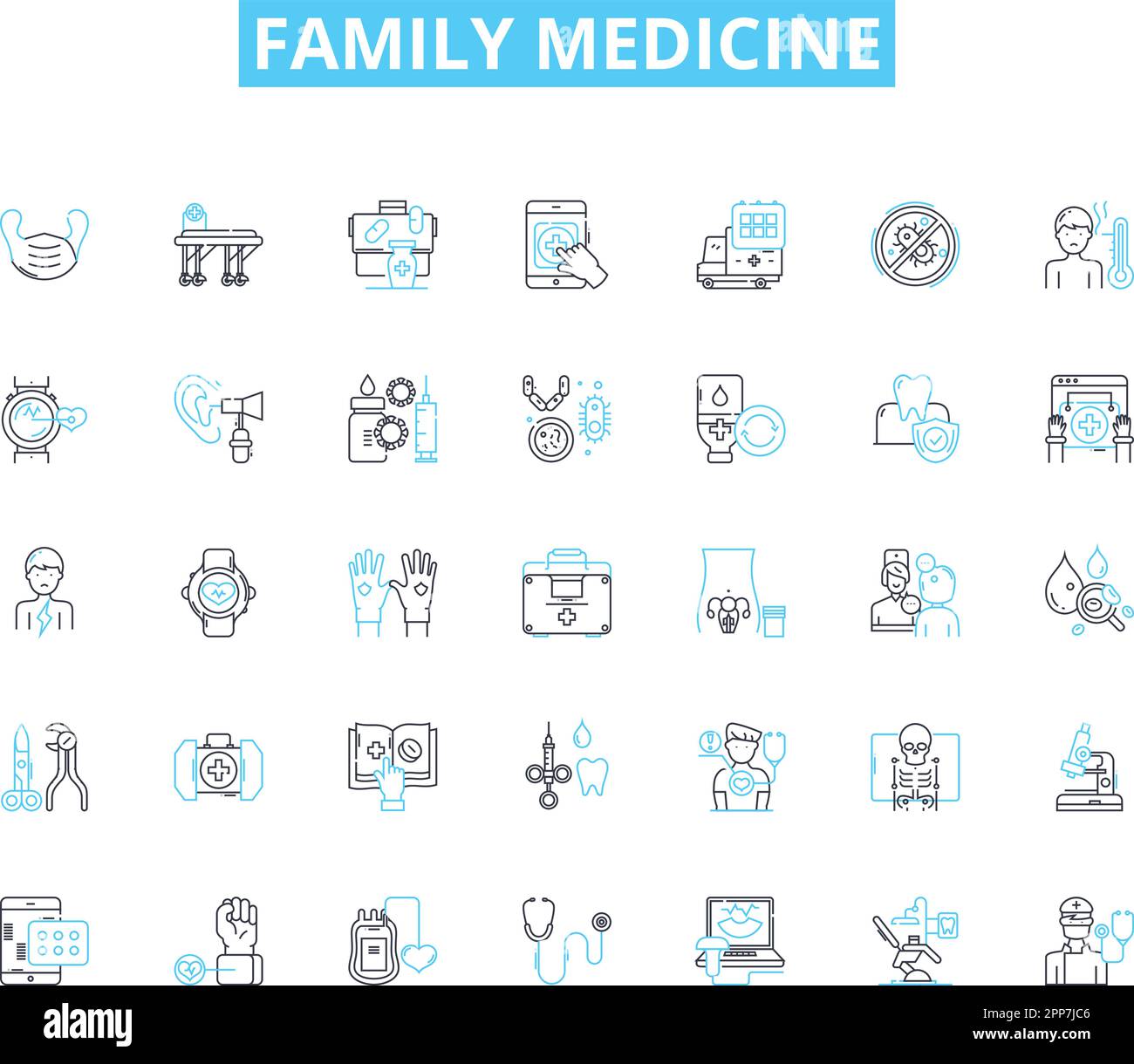 Jeu d'icônes linéaires de médecine familiale. Préventif, complet, primaire, soins, général, Consultation, vecteur de ligne de diagnostic et signes conceptuels Illustration de Vecteur