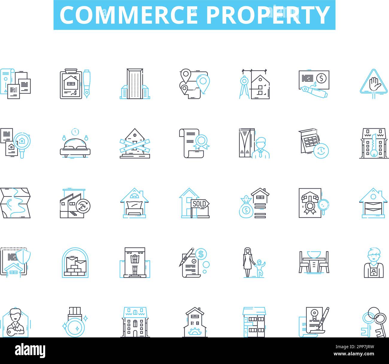 Ensemble d'icônes linéaires de la propriété Commerce. Vente au détail, commercial, industriel, Bureau, entrepôt, Magasins, panneaux vecteur Plaza Line et concept. Bande, entreprise Illustration de Vecteur