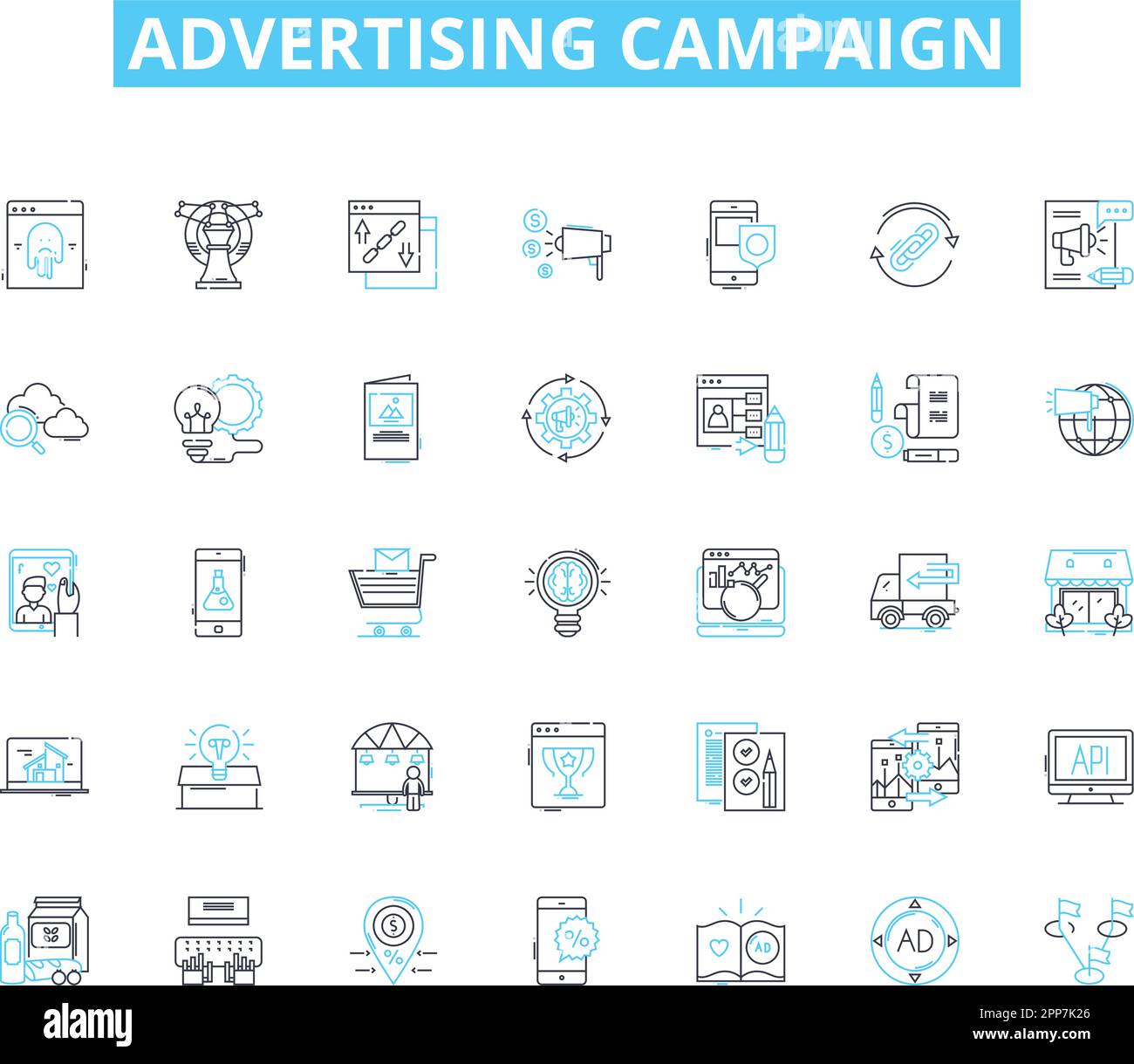 Ensemble d'icônes linéaires de campagne publicitaire. Créativité, stratégie, ciblage, message, marquage, Sensibilisation, vecteur de ligne d'engagement et signes conceptuels Illustration de Vecteur