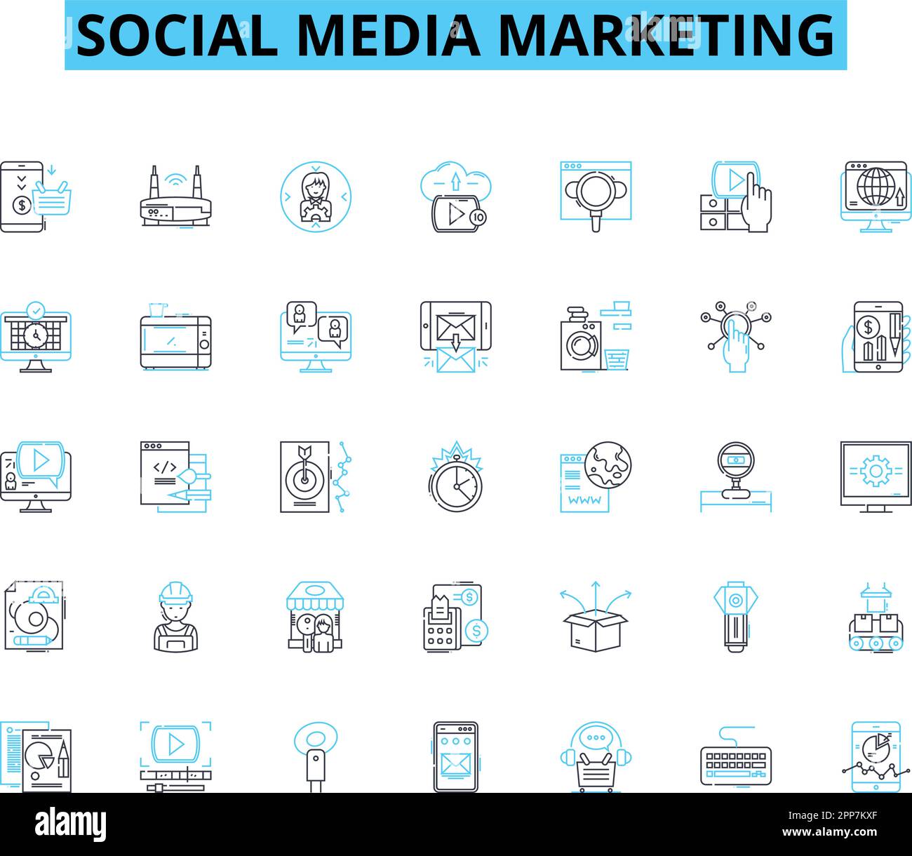 Jeu d'icônes linéaires de marketing de médias sociaux. Engagement, marquage, viral, hashtags, campagnes, Aperçus, vecteur de ligne d'influenceurs et signes de concept Illustration de Vecteur