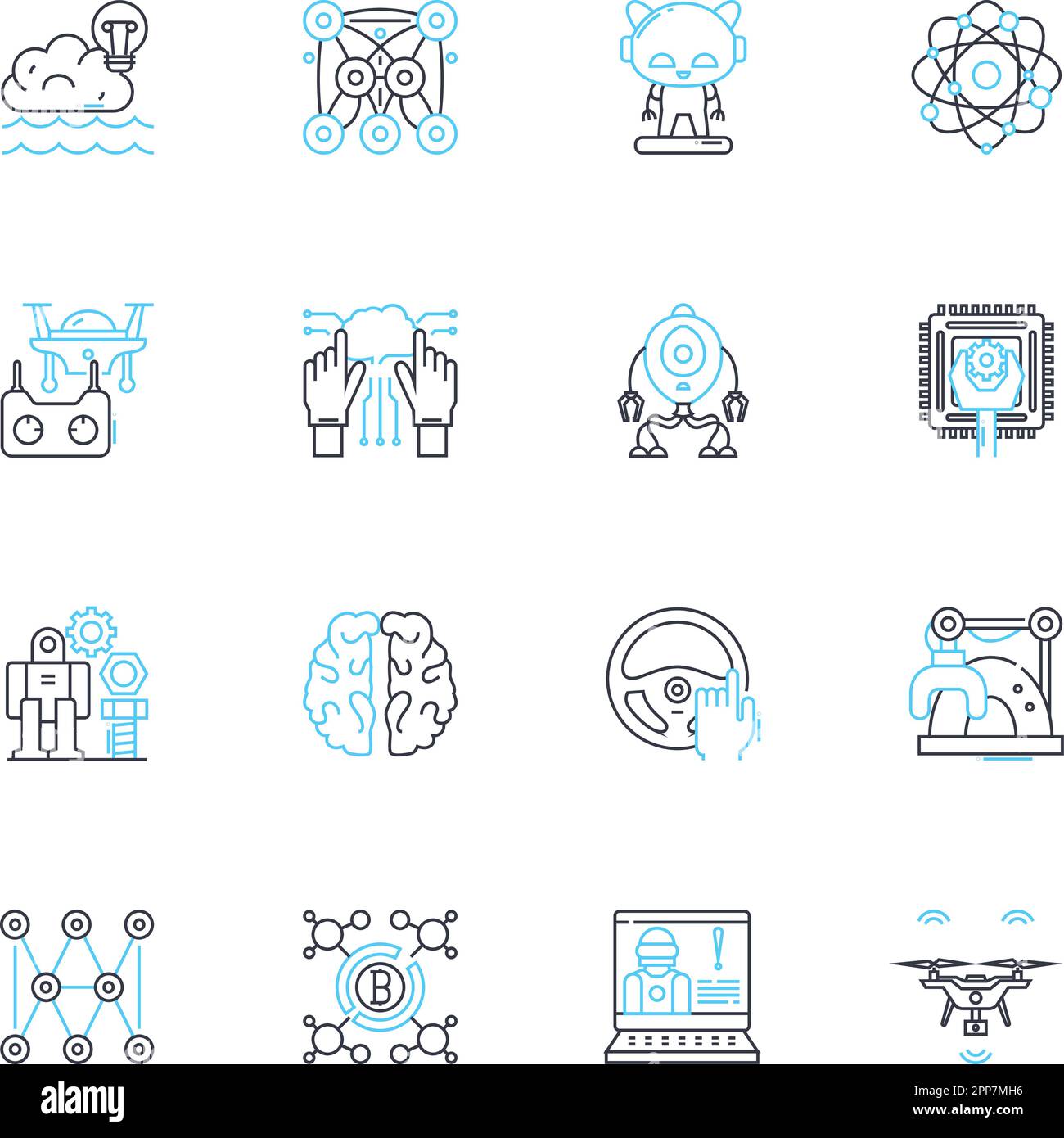 Jeu d'icônes linéaires de l'intelligence artificielle. Automatisation, apprentissage machine, robotique, nerks neuronaux, traitement du langage naturel, Systèmes experts, profonde Illustration de Vecteur