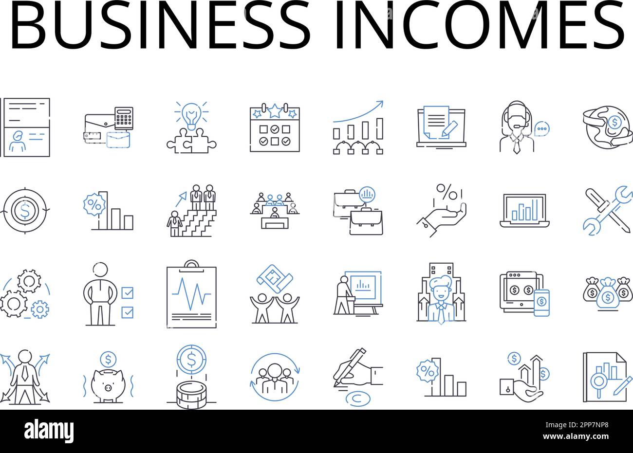 Collection d'icônes de ligne de revenus d'entreprise. Revenus, gains financiers, retours commerciaux, revenus de bénéfices, récompenses de notaire, Produit fiscal, capital Illustration de Vecteur