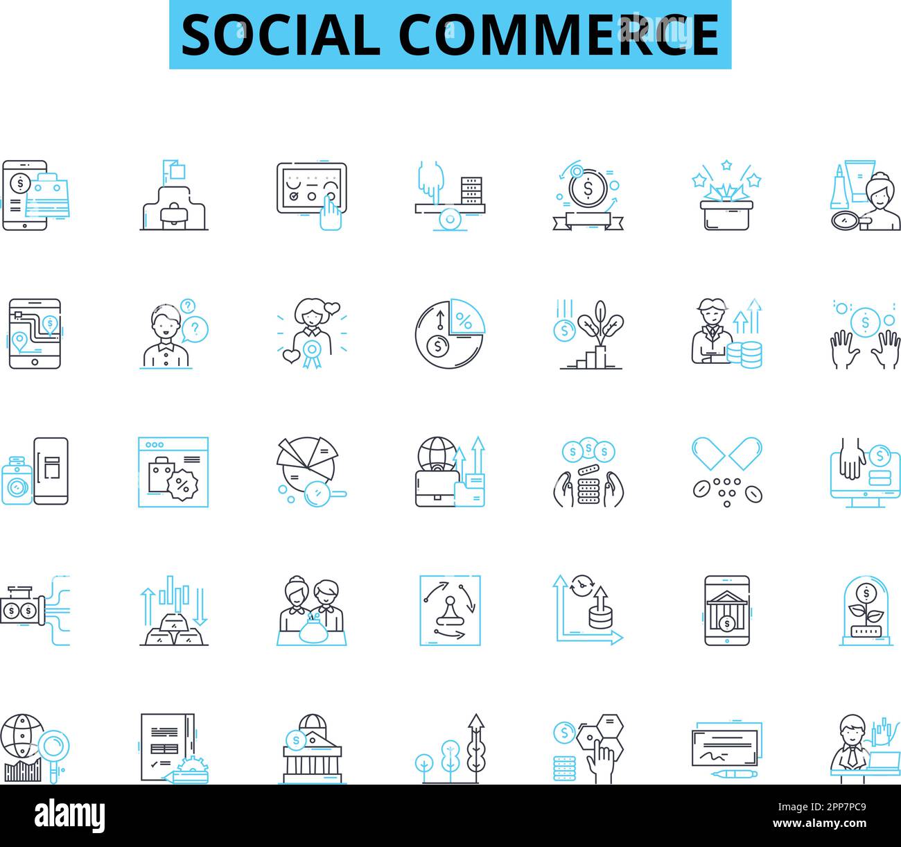Ensemble d'icônes linéaires de commerce social. Marketplace, E-commerce, Shopping, influenceurs, Publicité, Ventes, rabais vecteur de ligne et signes de concept. Avis Illustration de Vecteur
