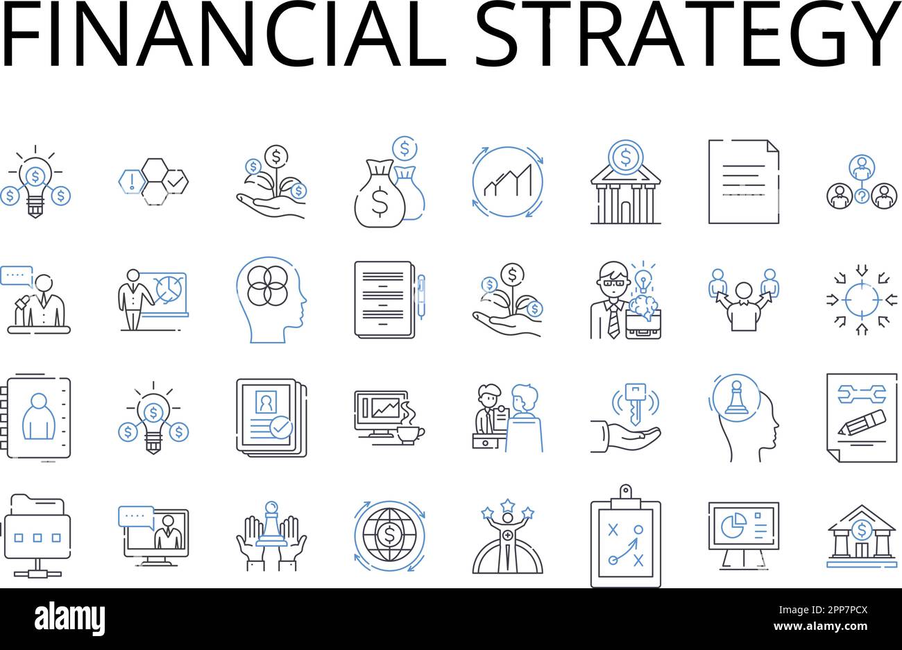 Collection d'icônes de ligne de stratégie financière. Plan marketing, modèle d'entreprise, cadre juridique, portefeuille d'investissement, processus d'approvisionnement, Stratégie de vente Illustration de Vecteur