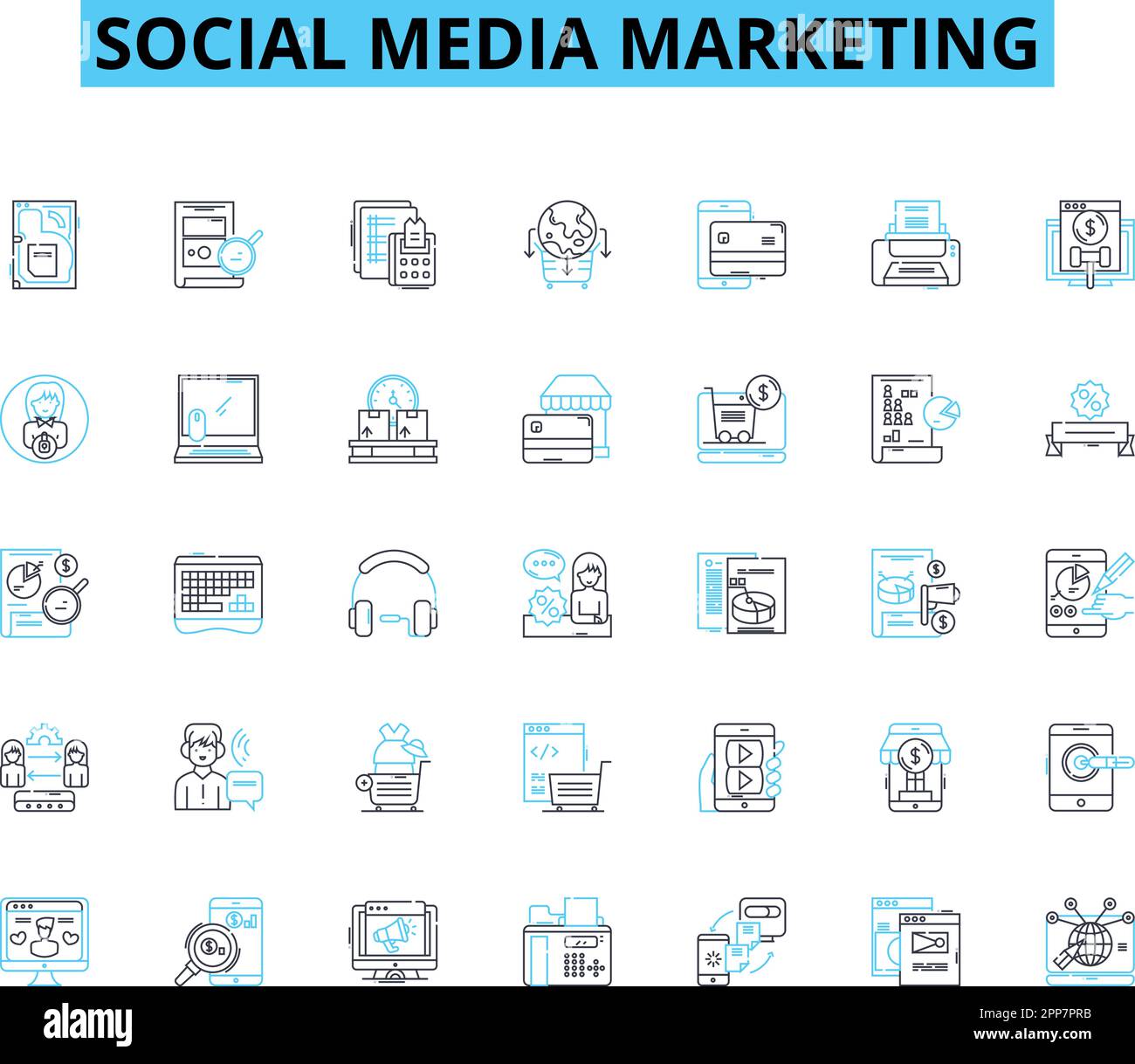Jeu d'icônes linéaires de marketing de médias sociaux. Engagement, marquage, viral, hashtags, campagnes, Aperçus, vecteur de ligne d'influenceurs et signes de concept Illustration de Vecteur