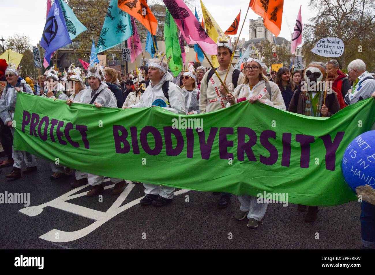 Londres, Angleterre, Royaume-Uni. 22nd avril 2023. Des milliers de personnes ont défilé à Westminster pour protester contre la destruction de la nature, la perte de biodiversité et les changements climatiques le jour de la Terre et le deuxième jour de la manifestation de quatre jours organisée par la rébellion des extinction et de nombreux autres groupes. (Credit image: © Vuk Valcic/ZUMA Press Wire) USAGE ÉDITORIAL SEULEMENT! Non destiné À un usage commercial ! Banque D'Images