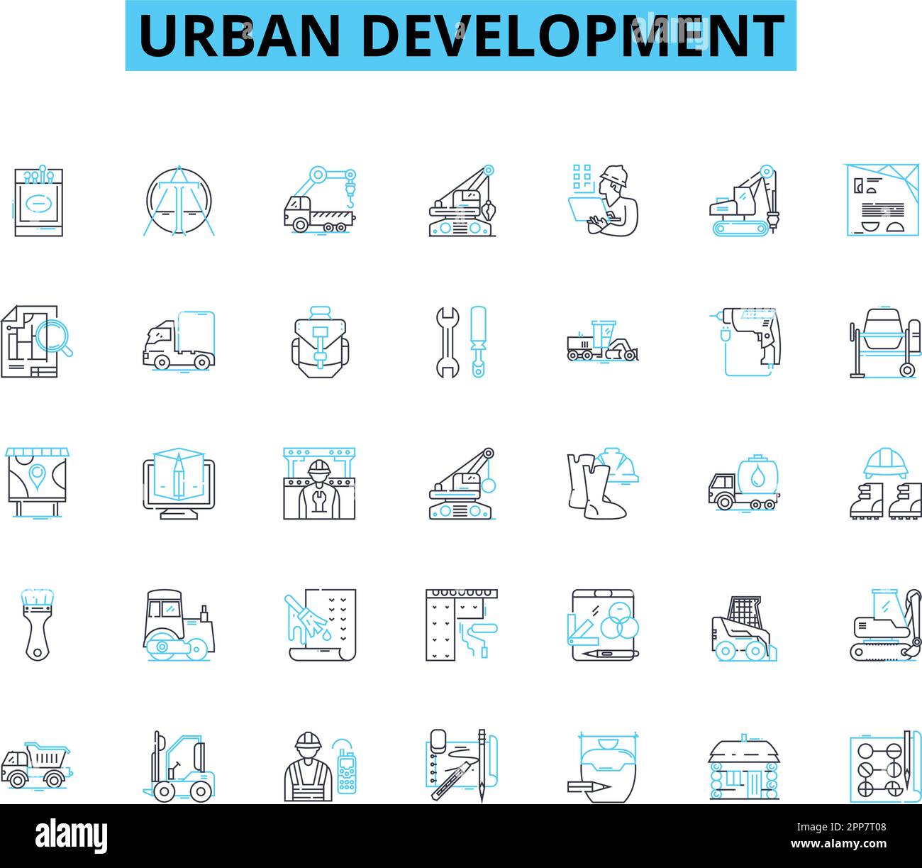 Ensemble d'icônes linéaires pour le développement urbain. Gentrification, redéveloppement, densité, infrastructure, zonage, Étalement, vecteur de ligne de revitalisation et concept Illustration de Vecteur