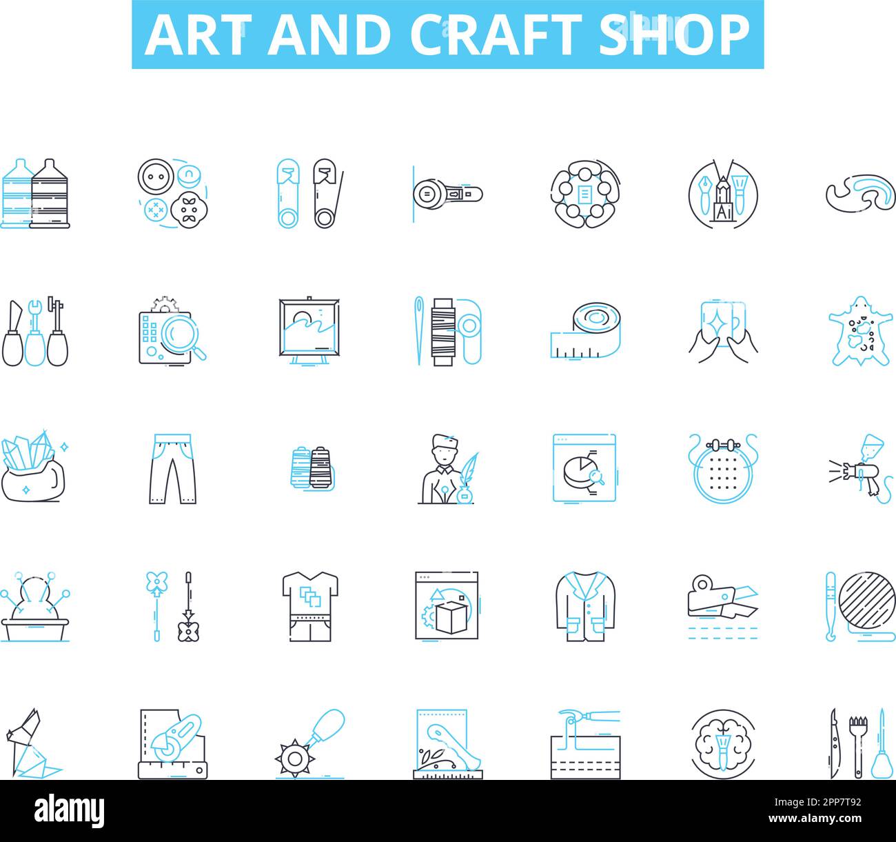 Ensemble d'icônes linéaires pour ateliers d'art et d'artisanat. Peinture, toile, Sculpture, argile, Mosaïque, Perles, vecteur de ligne en papier et signes conceptuels. Tissu, fil, contour en crochet Illustration de Vecteur