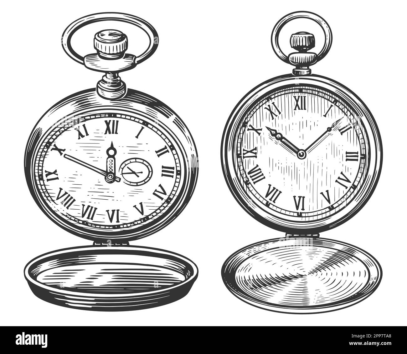 Montre de poche rétro avec couvercle. Horloge vintage isolée. Illustration d'esquisse dessinée à la main dans un style de gravure ancien Banque D'Images