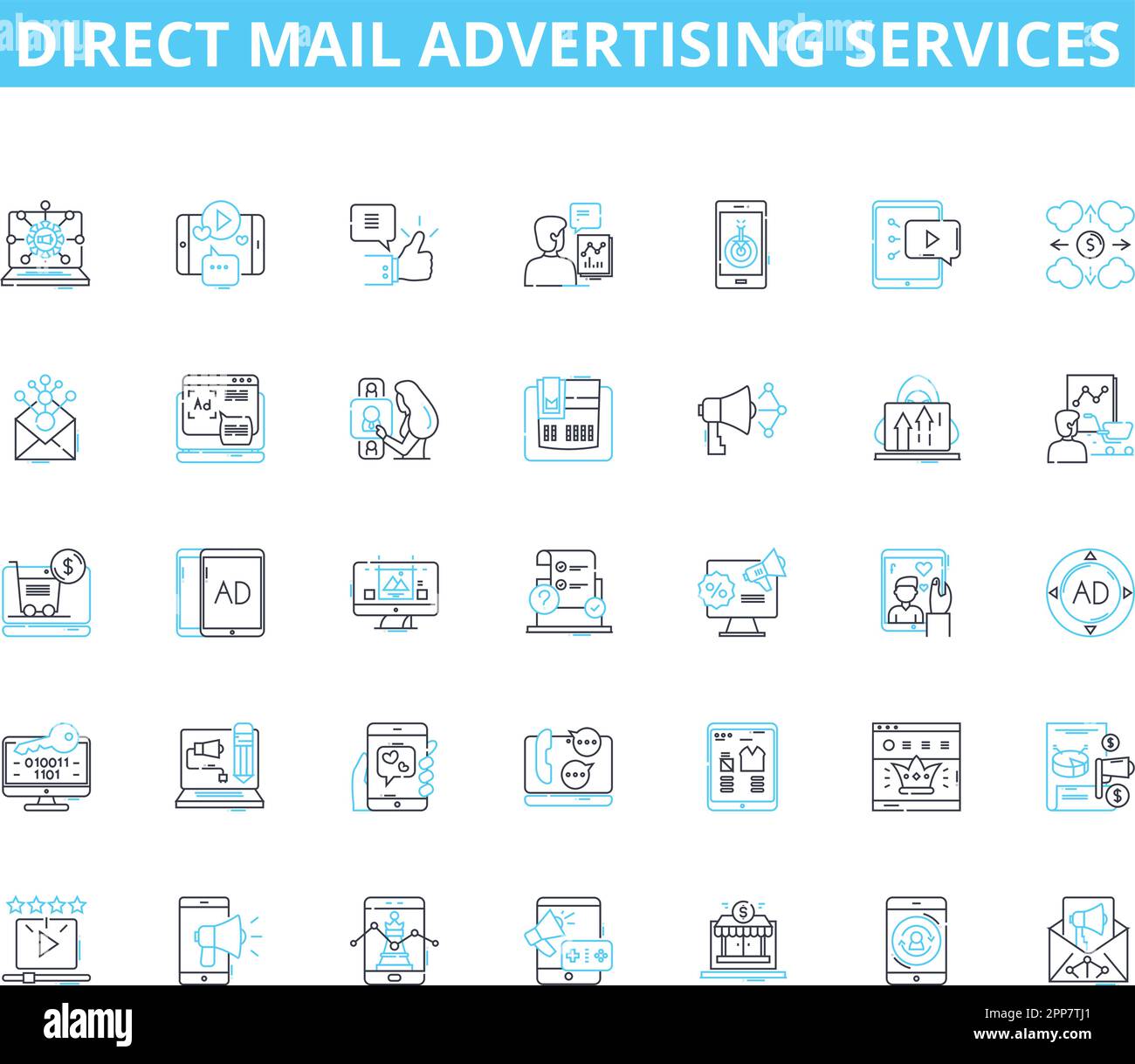 Jeu d'icônes linéaires de services de publicité directe par courrier. Pochettes d'expédition, circulaires, cartes postales, brochures, enveloppes, Lettres, catalogues vecteur de ligne et signes de concept Illustration de Vecteur