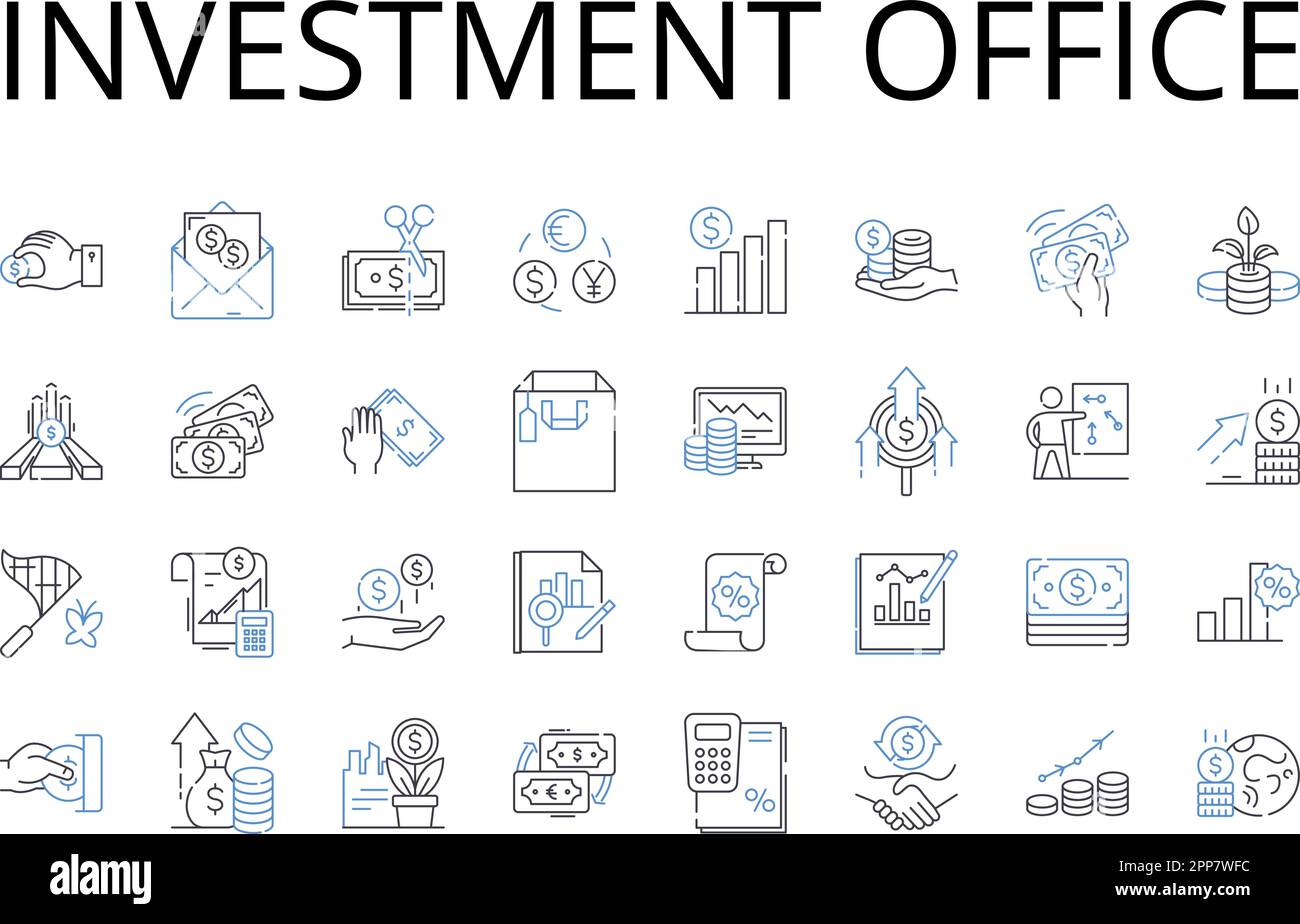 Collection d'icônes de la gamme de bureaux d'investissement. Bureau de gestion de patrimoine, Centre de gestion financière, entreprise de placement, Société de gestion d'actifs, Portefeuille Illustration de Vecteur