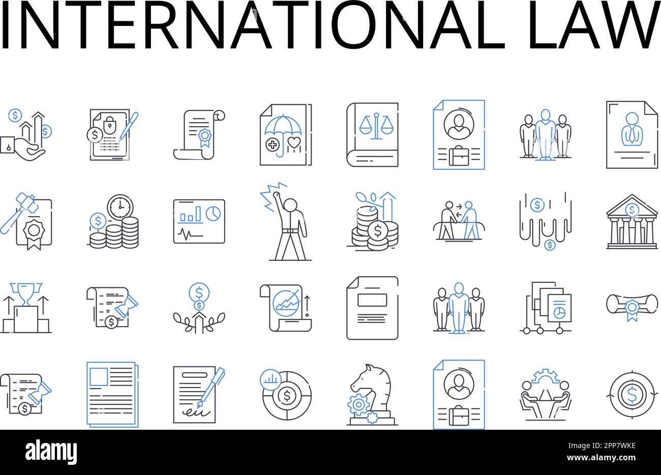 Collection d'icônes de la ligne de droit international. Droit maritime, finance d'entreprise, sciences de l'environnement, sciences politiques, propriété intellectuelle, Criminel Illustration de Vecteur