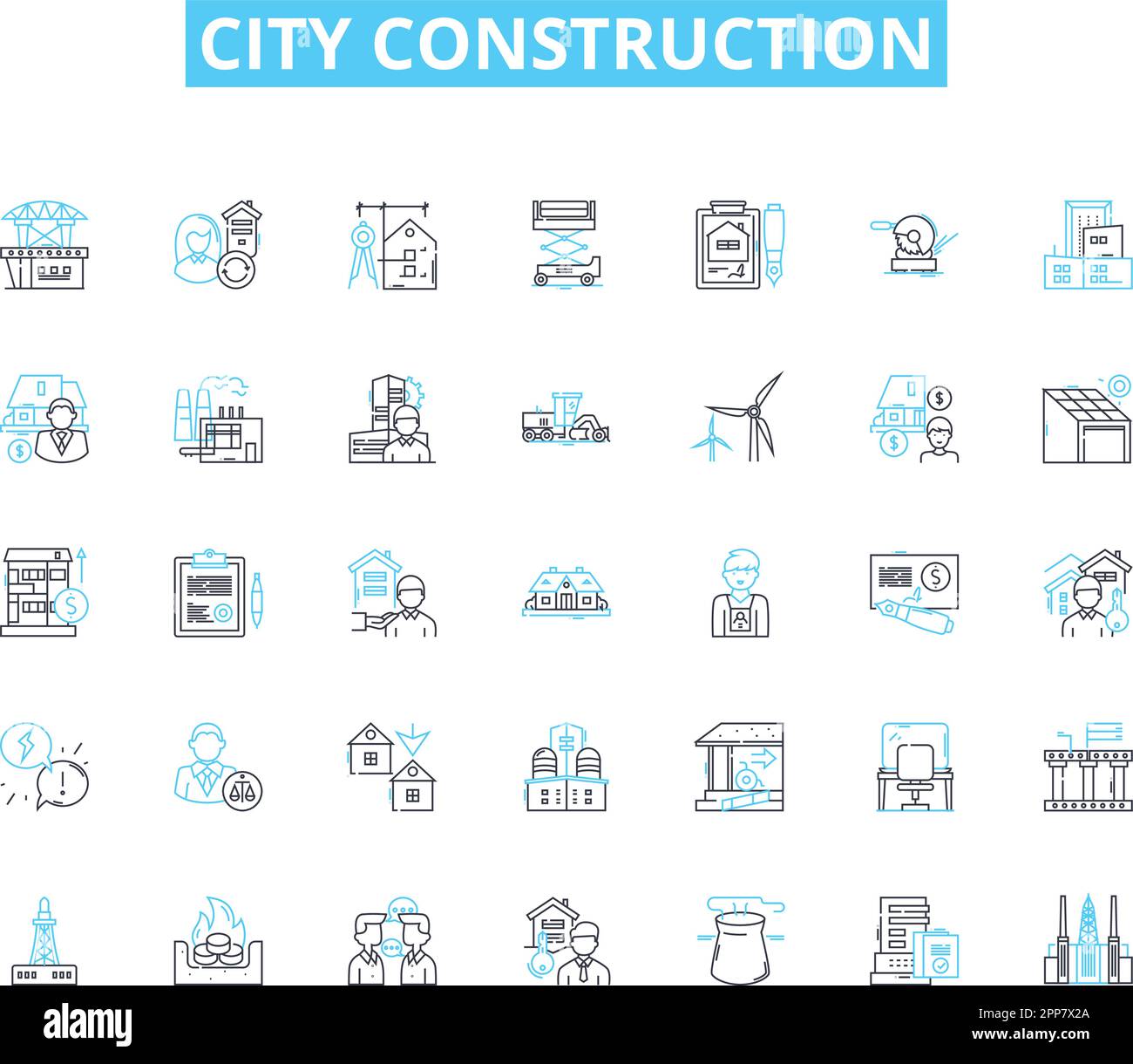 Ensemble d'icônes linéaires de construction urbaine. Structures, bâtiments, planification, conception, développement, Infrastructure, vecteur de ligne d'urbanisation et signes conceptuels Illustration de Vecteur