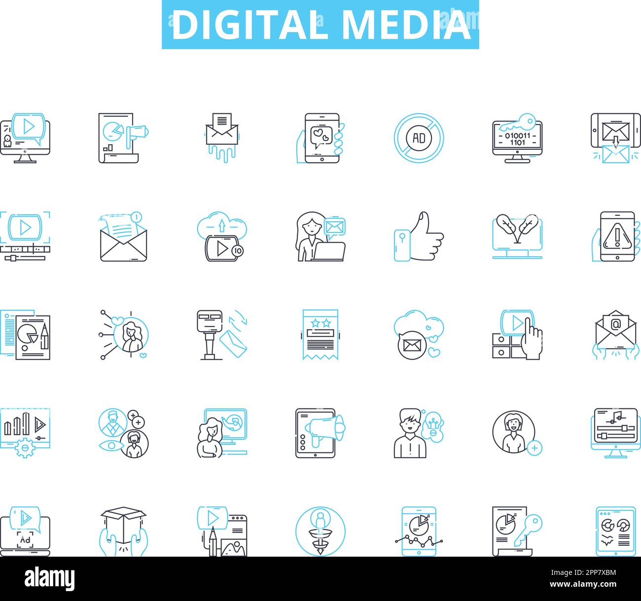 Jeu d'icônes linéaires de support numérique. Social, contenu, Marketing, Multimédia, viral, Engagement, vecteur de ligne analytique et signes de concept. Interactif, mobile Illustration de Vecteur