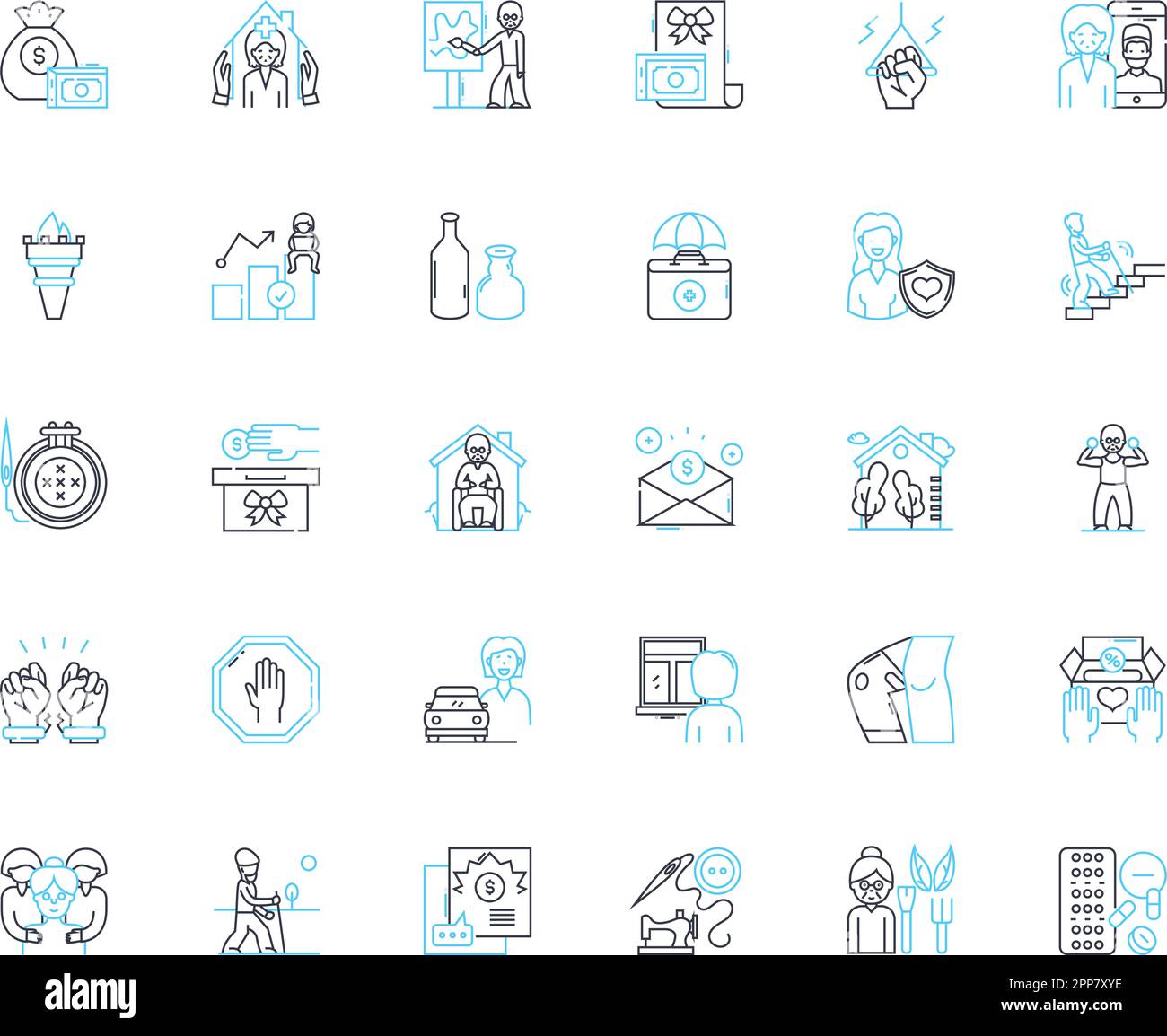 Ensemble d'icônes linéaires pour soins gériatriques. Vieillissement, personnes âgées, démence, Alzheimer, palliatif, Hospice, vecteur de fin de vie et signes de concept. Indépendance Illustration de Vecteur