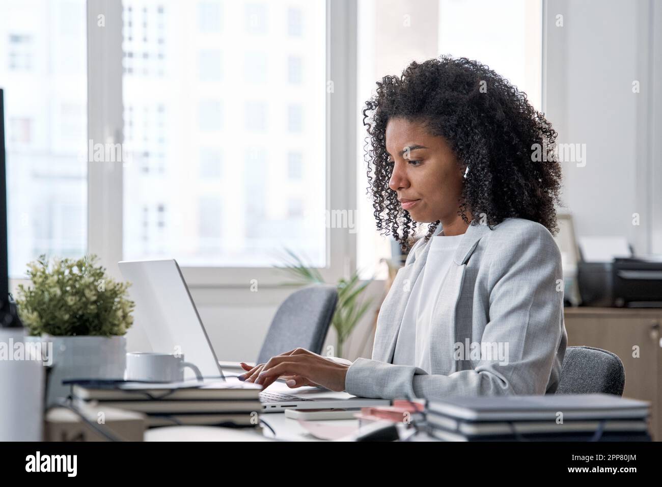 Femme d'affaires d'âge moyen travaillant, naviguant et tapant sur un ordinateur portable à écran tactile. Banque D'Images
