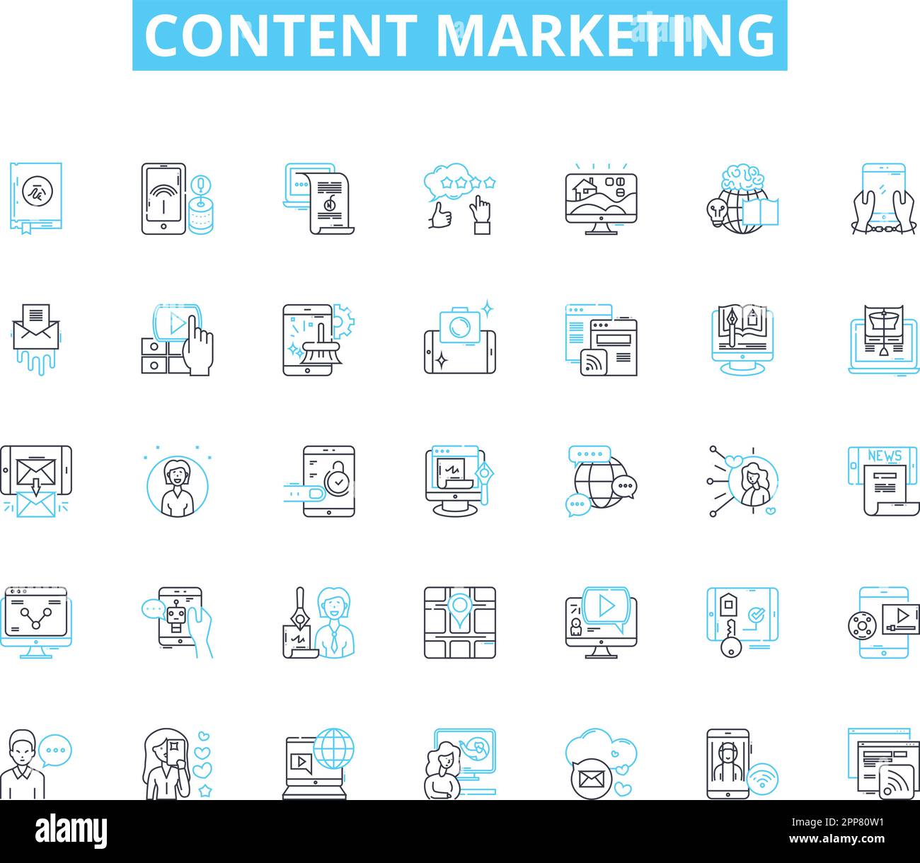 Ensemble d'icônes linéaires de marketing de contenu. Stratégie, Blogs, infographies, vidéos, médias sociaux, SEO, vecteur de ligne analytique et signes de concept. Marquage Illustration de Vecteur