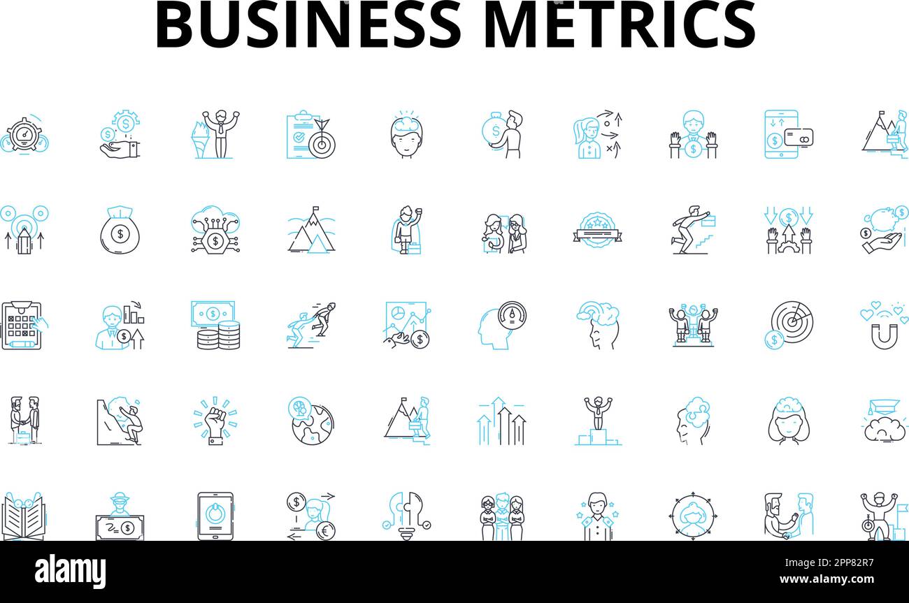 Ensemble d'icônes linéaires de mesures d'entreprise. KPI, performances, analyses, Tableau de bord, ventes, Revenus, symboles de vecteur de profit et symboles de concept de ligne. Retour sur investissement,client Illustration de Vecteur