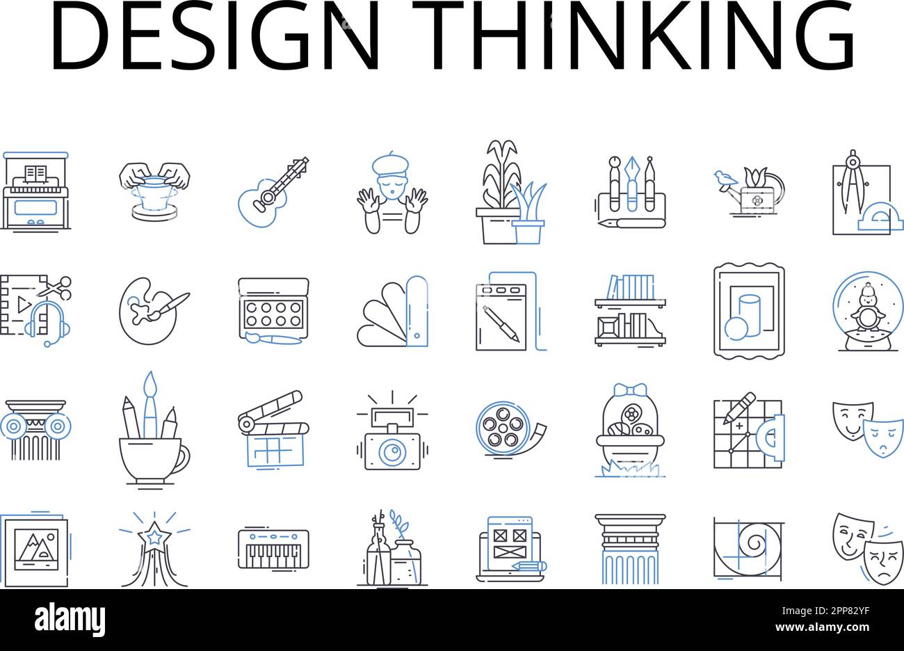 Collection d'icônes de ligne de pensée de conception. Processus créatif, approche stratégique, état d'esprit novateur, résolution de problèmes, technique d'idéation, Centré sur l'utilisateur Illustration de Vecteur