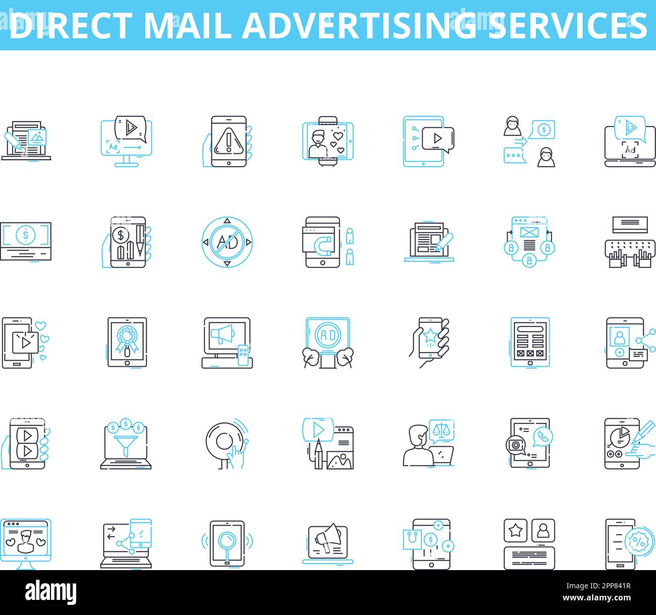 Jeu d'icônes linéaires de services de publicité directe par courrier. Pochettes d'expédition, circulaires, cartes postales, brochures, enveloppes, Lettres, catalogues vecteur de ligne et signes de concept Illustration de Vecteur