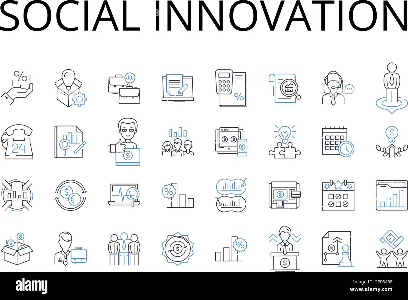 Collection d'icônes de la ligne d'innovation sociale. Durabilité environnementale, progrès technologique, développement communautaire, responsabilité d'entreprise Illustration de Vecteur