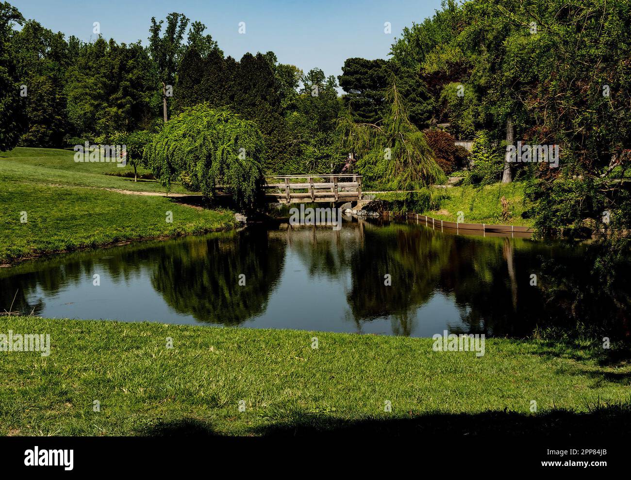Pont en bois sur un virage de rivière Banque D'Images