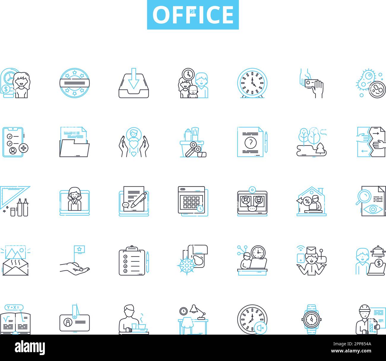 Jeu d'icônes linéaires Office. Bureau, ordinateur, imprimante, pH, classement, Réunions, affiches vectorielles et de concept de la ligne du président. Espace de travail,Statiry,Contour du clavier Illustration de Vecteur