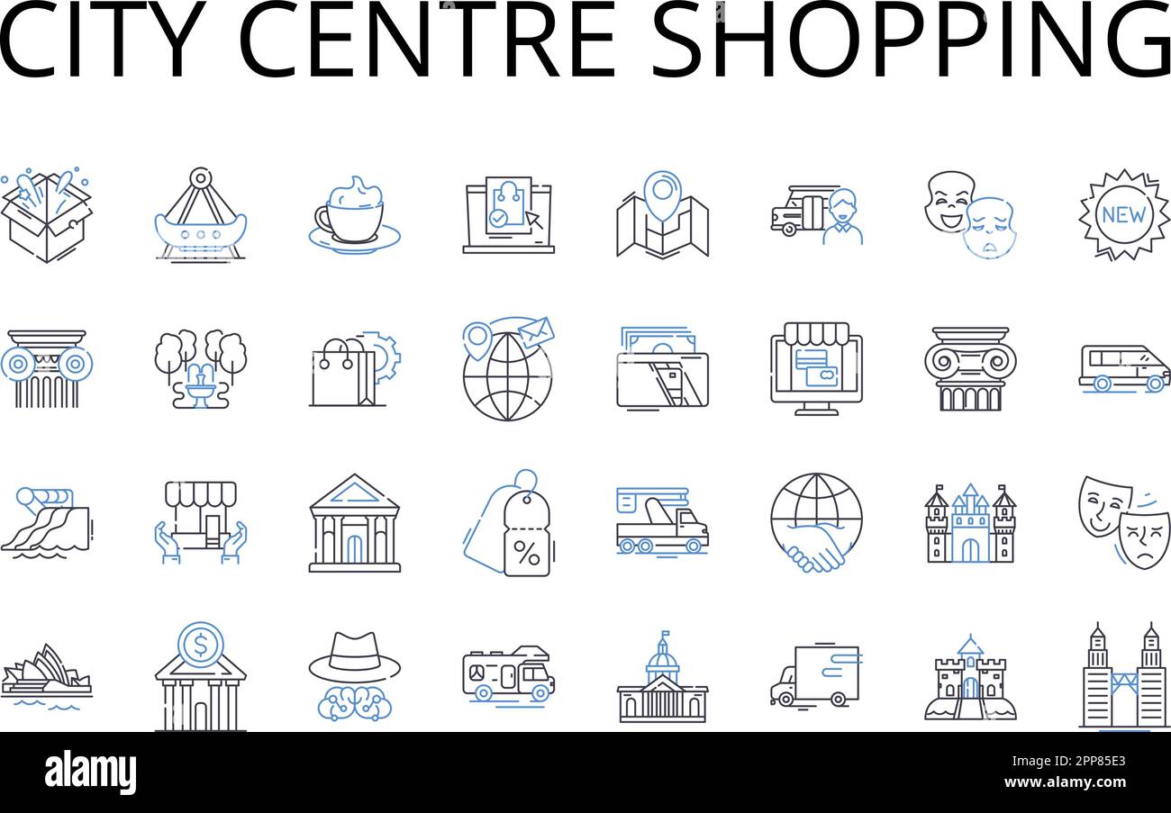 Collection d'icônes de la ligne commerciale du centre-ville. Centre-ville, shopping urbain, shopping High Street, shopping Central, shopping Inner City, CBD Illustration de Vecteur