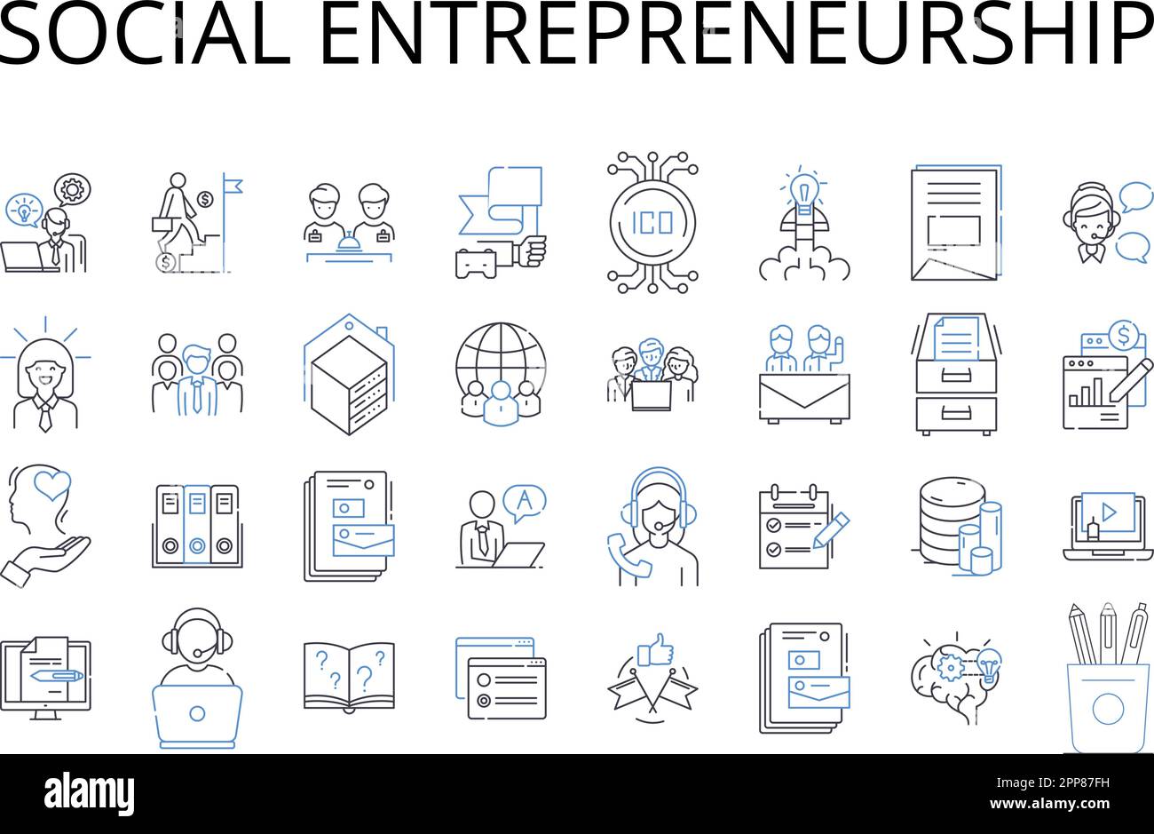 Collection d'icônes de ligne d'entrepreneuriat social. Affaires durables, conservation de l'environnement, développement communautaire, entreprise sociale Illustration de Vecteur