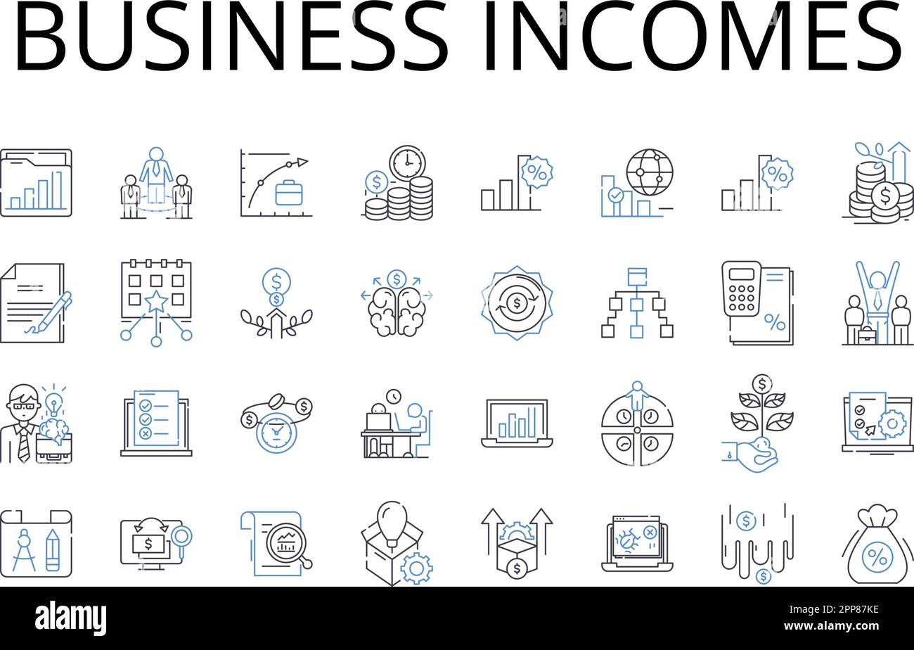 Collection d'icônes de ligne de revenus d'entreprise. Revenus, gains financiers, retours commerciaux, revenus de bénéfices, récompenses de notaire, Produit fiscal, capital Illustration de Vecteur