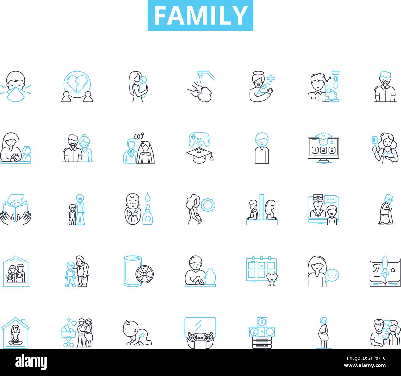 Ensemble d'icônes linéaires de famille. Amour, lien, unité, appartenance, soutien, Confiance, vecteur de ligne de fidélité et signes de concept. Attention, gentillesse, communication Illustration de Vecteur
