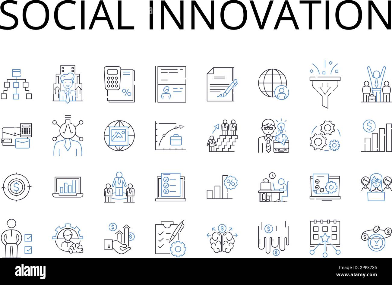 Collection d'icônes de la ligne d'innovation sociale. Durabilité environnementale, progrès technologique, développement communautaire, responsabilité d'entreprise Illustration de Vecteur