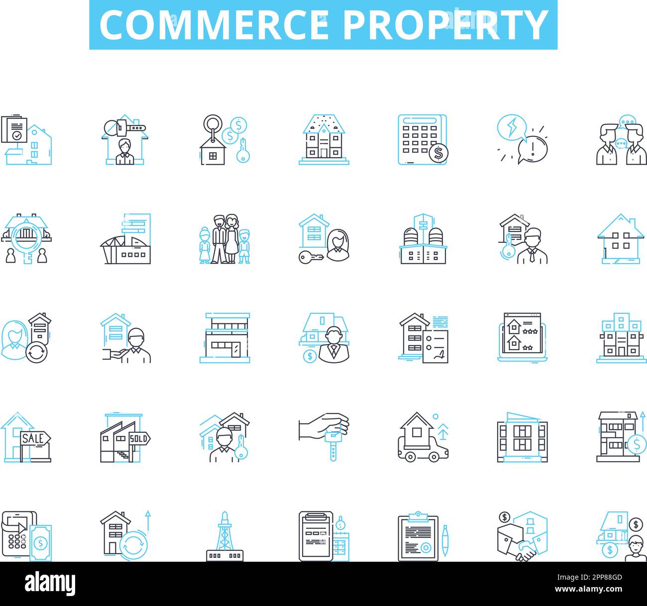 Ensemble d'icônes linéaires de la propriété Commerce. Vente au détail, commercial, industriel, Bureau, entrepôt, Magasins, panneaux vecteur Plaza Line et concept. Bande, entreprise Illustration de Vecteur