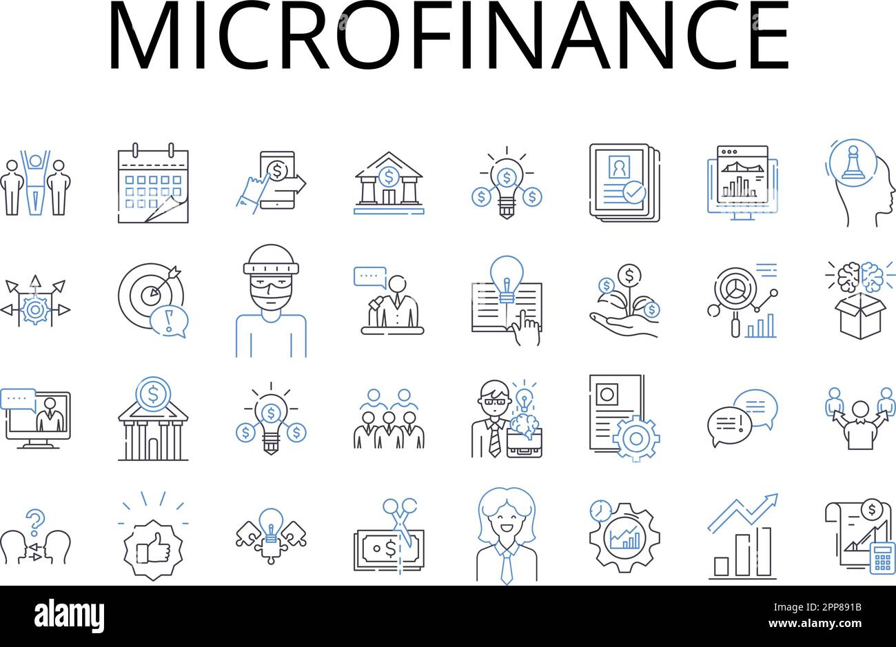 collection d'icônes de ligne de microfinance. Financement participatif, prêt pair-à-pair, Angel Investing, Capital de risque, entreprise sociale, Investissement d'impact Illustration de Vecteur