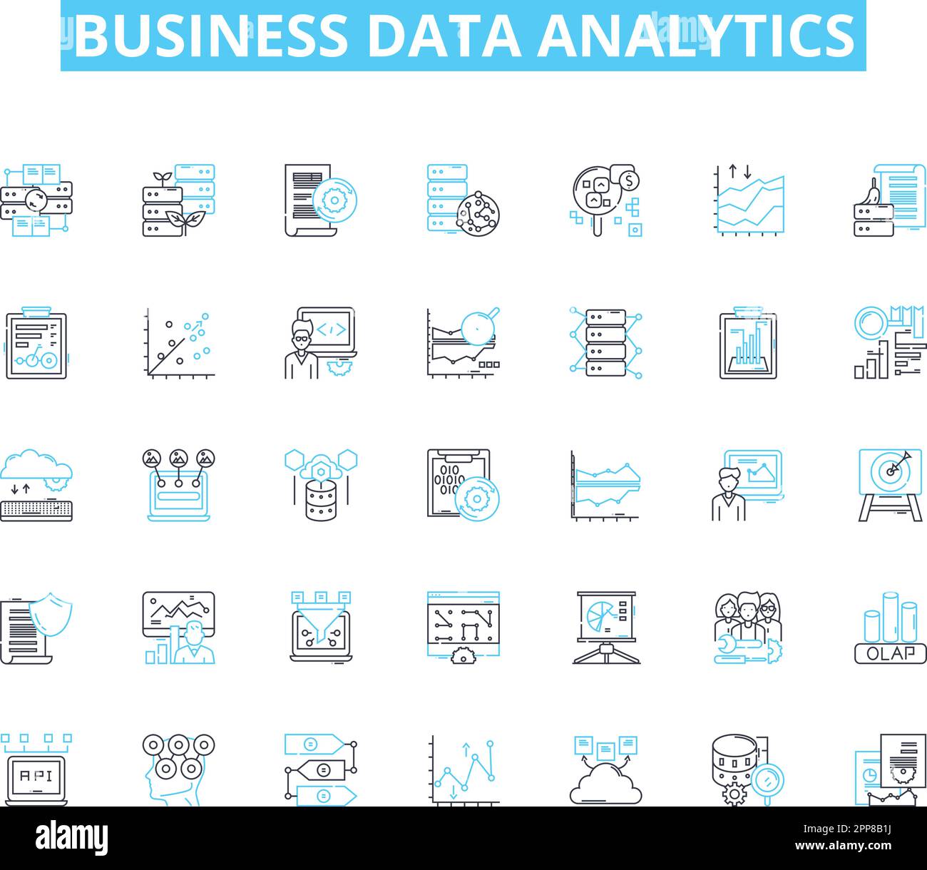 Ensemble d'icônes linéaires d'analyse des données métiers. Aperçus, métriques, visualisation, tableaux de bord, optimisation, Données, vecteur de ligne analytique et signes de concept Illustration de Vecteur