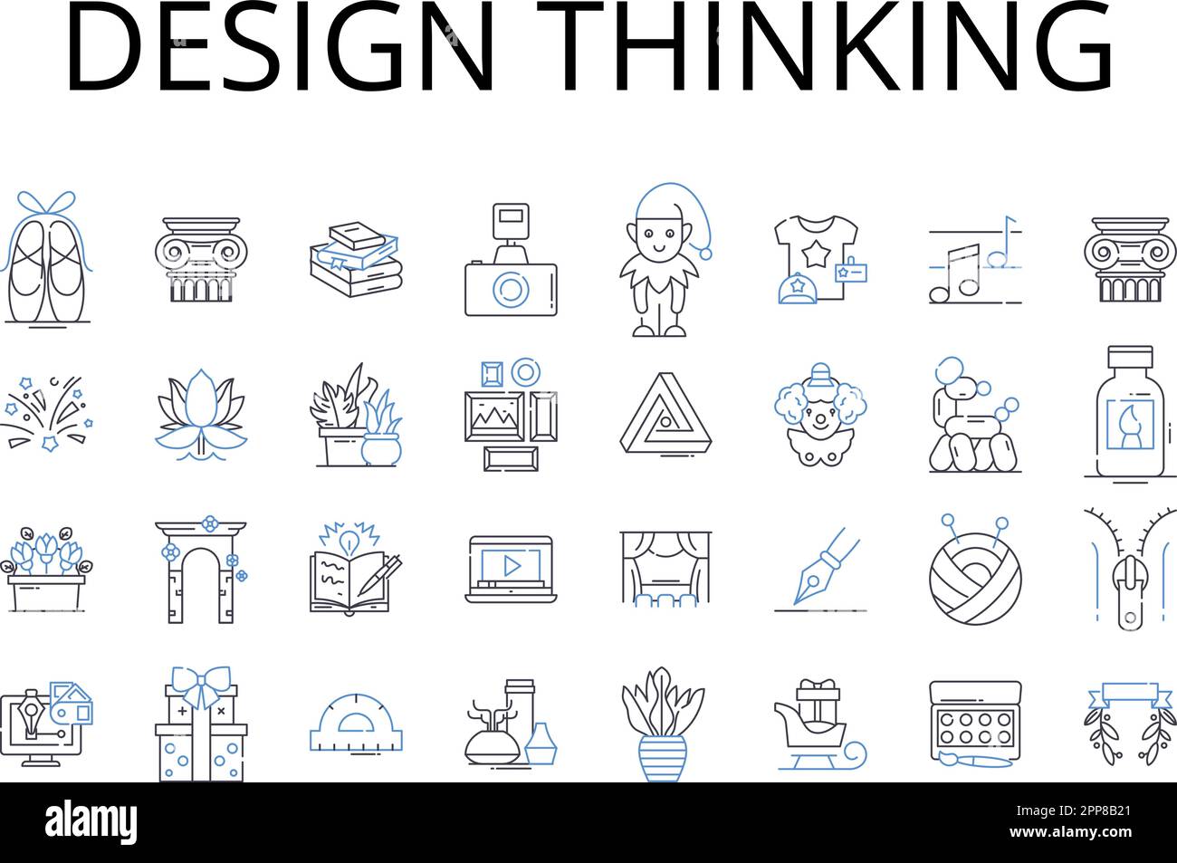 Collection d'icônes de ligne de pensée de conception. Processus créatif, approche stratégique, état d'esprit novateur, résolution de problèmes, technique d'idéation, Centré sur l'utilisateur Illustration de Vecteur