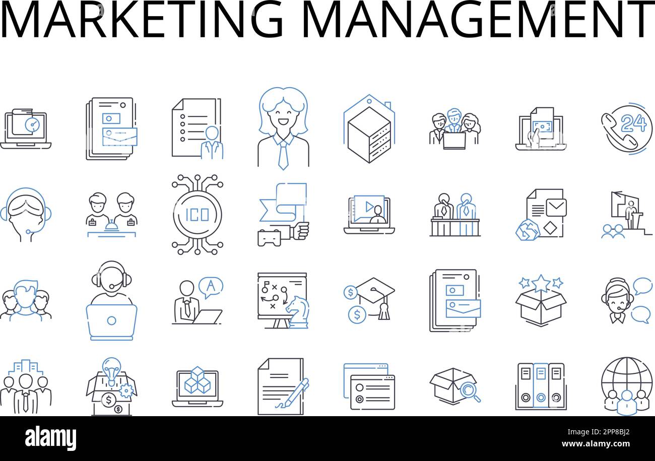 Collection d'icônes de ligne de gestion marketing. Stratégie de vente, développement commercial, gestion de la marque, placement des produits, campagne publicitaire, Marché Illustration de Vecteur