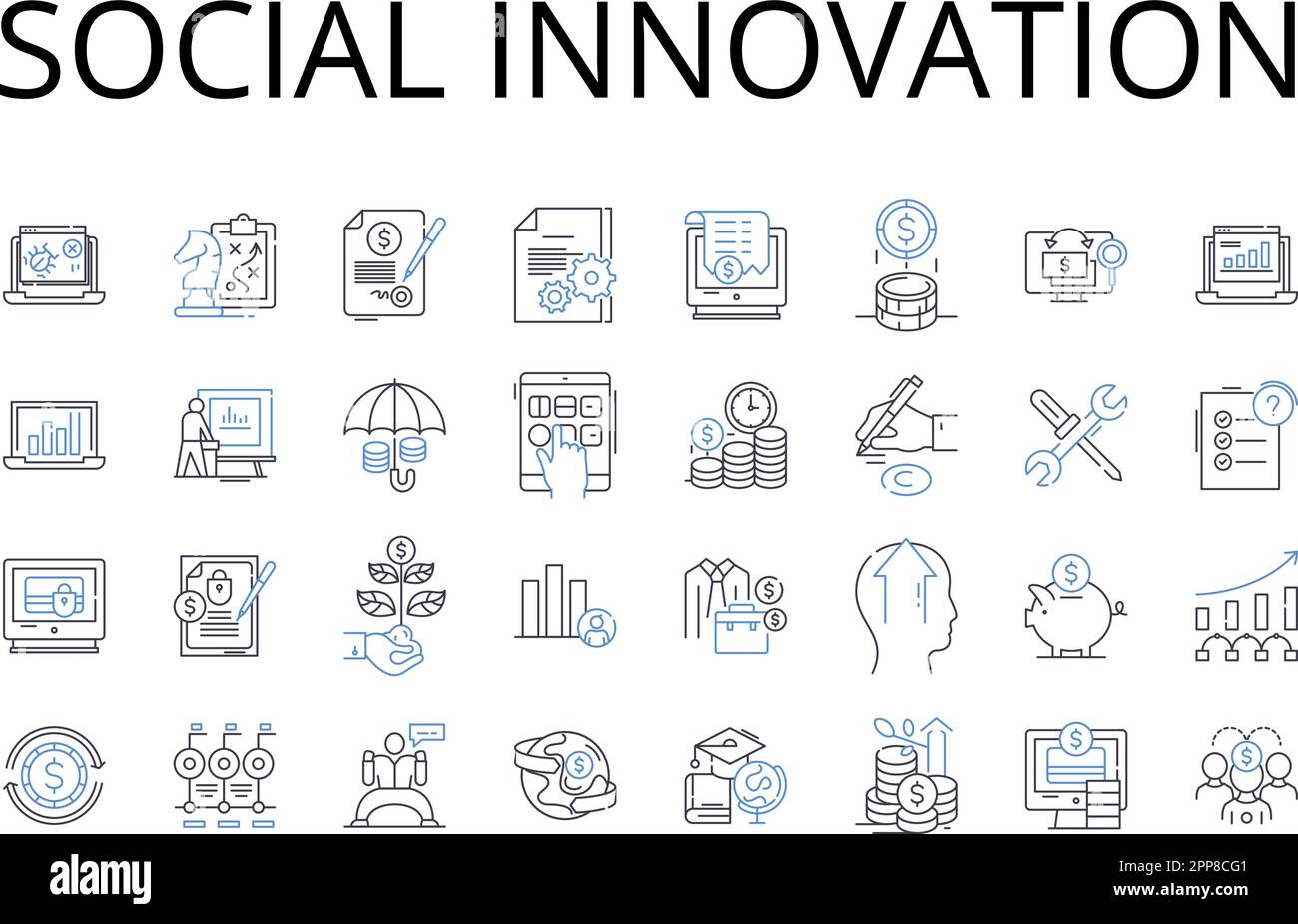 Collection d'icônes de la ligne d'innovation sociale. Durabilité environnementale, progrès technologique, développement communautaire, responsabilité d'entreprise Illustration de Vecteur