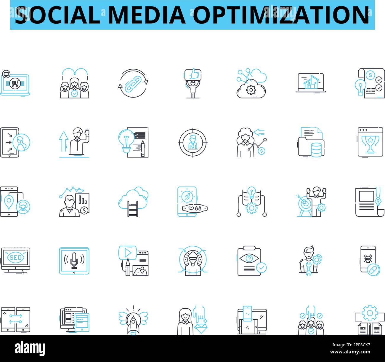 Ensemble d'icônes linéaires d'optimisation des médias sociaux. Marquage, engagement, partage, visibilité, contenu, Analyses, marqueurs de ligne et signes de concept Illustration de Vecteur