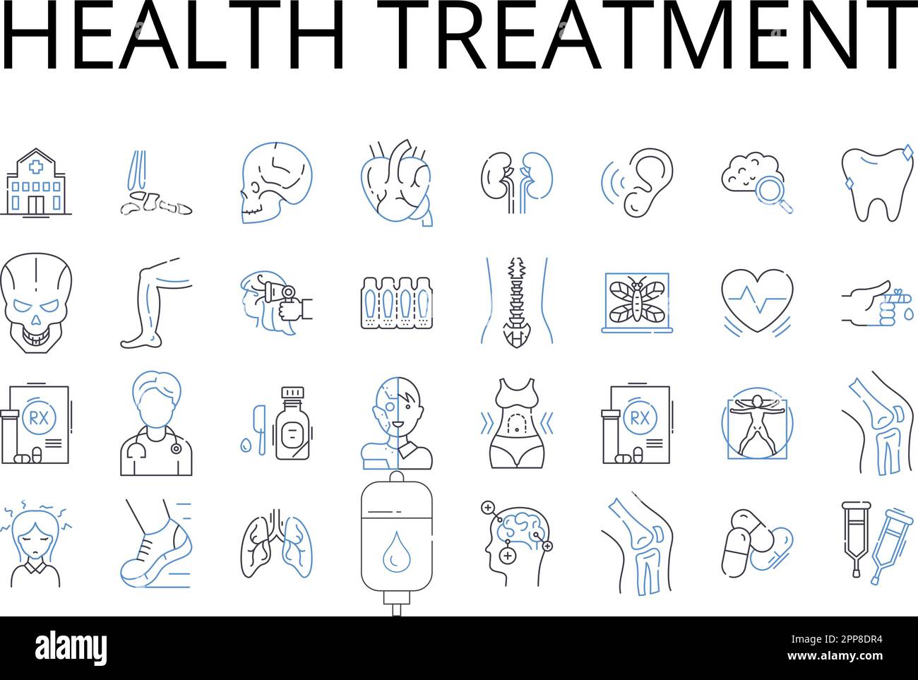 Collection d'icônes de lignes de traitement de santé. Soins médicaux, programme de bien-être, gestion des maladies, approche thérapeutique, régime de conditionnement physique, Plan de réadaptation Illustration de Vecteur