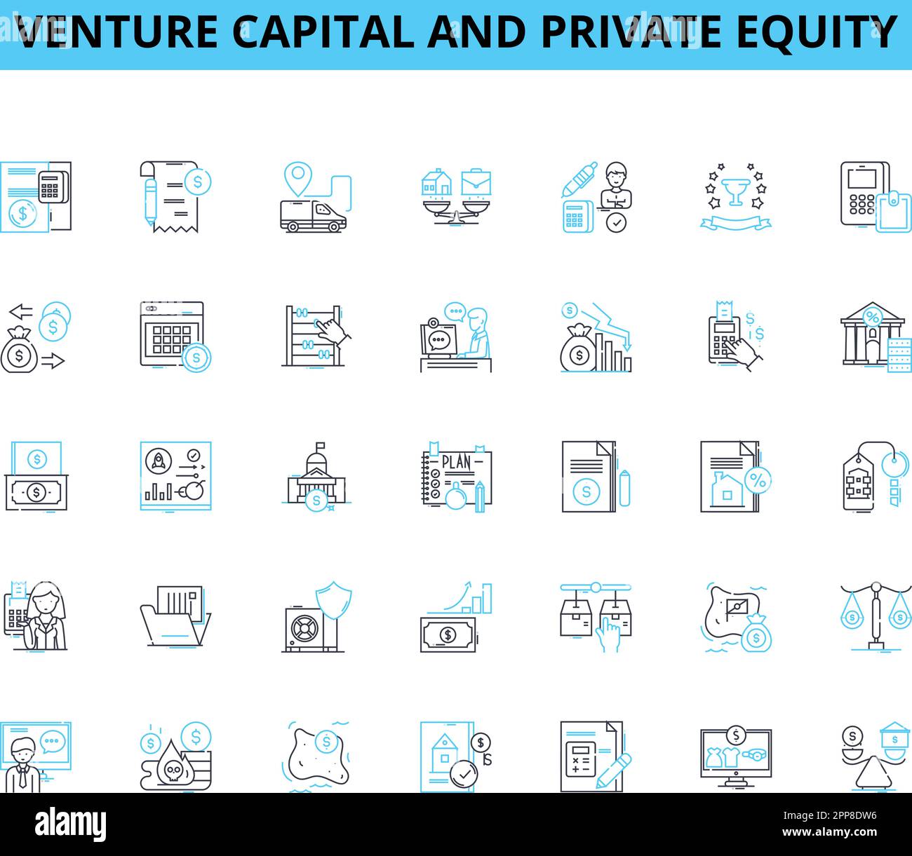 Jeu d'icônes linéaires de capital-risque et de capital-investissement. Financement, investissement, croissance, équité, stratégique, Capital, vecteur de ligne de portefeuille et signes de concept Illustration de Vecteur